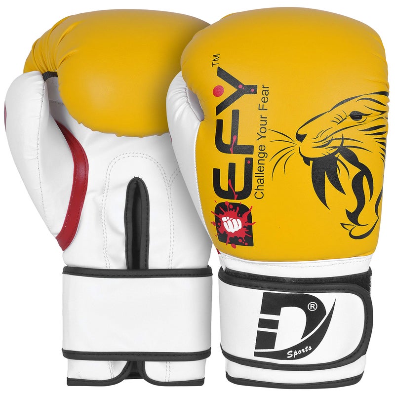 DEFY Challenge Your Fear قفازات ملاكمة طراز DEFY Tiger للرجال والنساء - قفازات تدريب مميزة لـ MMA، موياي تاي، كيك بوكسينغ ومبارزات مع حشوة ماكس-شوك فوم وتناسب آمن (أصفر، 16 أونصة) - Image 1